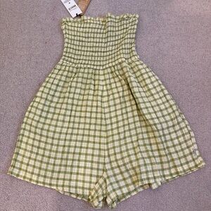 Afends Green Checkered Strapless Romper